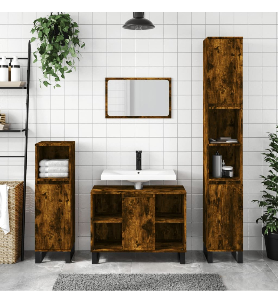 Armoire salle de bain chêne fumé 80x33x60cm bois d'ingénierie