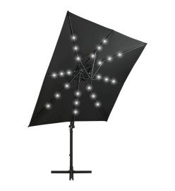 Parasol déporté avec mât et lumières LED Noir 250 cm