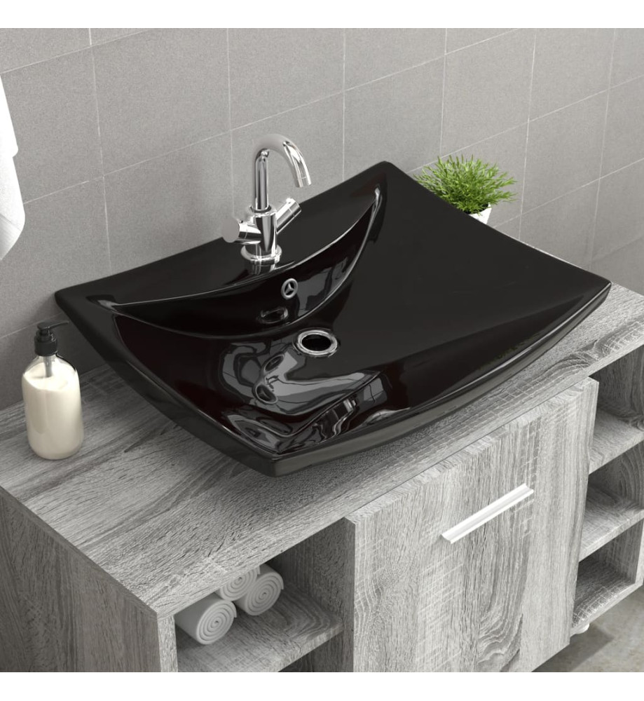 Lavabo rectangulaire en céramique noir de luxe avec trop-plein et trou