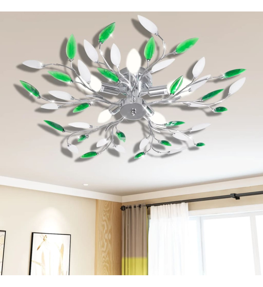 Lampe plafond verte et blanche avec bras crystal pour 5 Ampoules E14