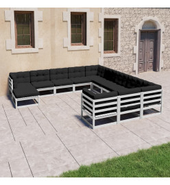 Salon de jardin 12 pcs avec coussins Blanc Bois de pin massif