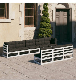 Salon de jardin 8 pcs avec coussins Blanc Bois de pin massif