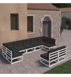 Salon de jardin 9 pcs avec coussins Blanc Bois de pin massif