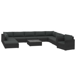 Salon de jardin 11 pcs avec coussins Résine tressée Noir