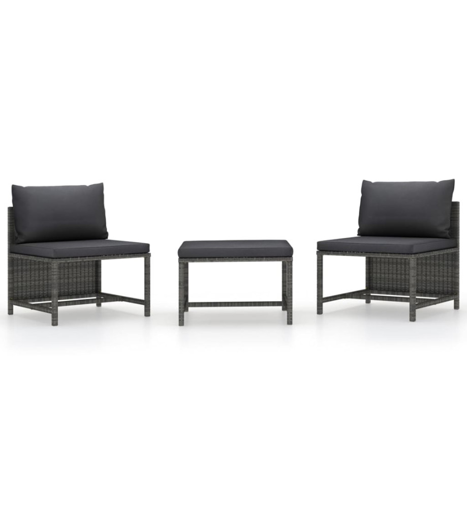 Salon de jardin 3 pcs avec coussins Gris Résine tressée