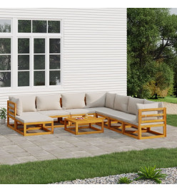 Salon de jardin 9 pcs avec coussins gris clair bois massif