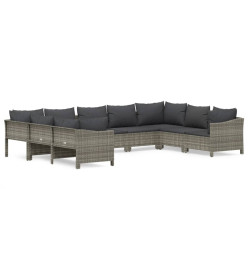 Salon de jardin 9 pcs avec coussins Gris Résine tressée
