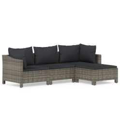 Salon de jardin 4 pcs avec coussins Gris Résine tressée