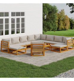 Salon de jardin 12 pcs avec coussins gris clair bois massif
