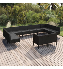 Salon de jardin 12 pcs avec coussins Résine tressée Noir