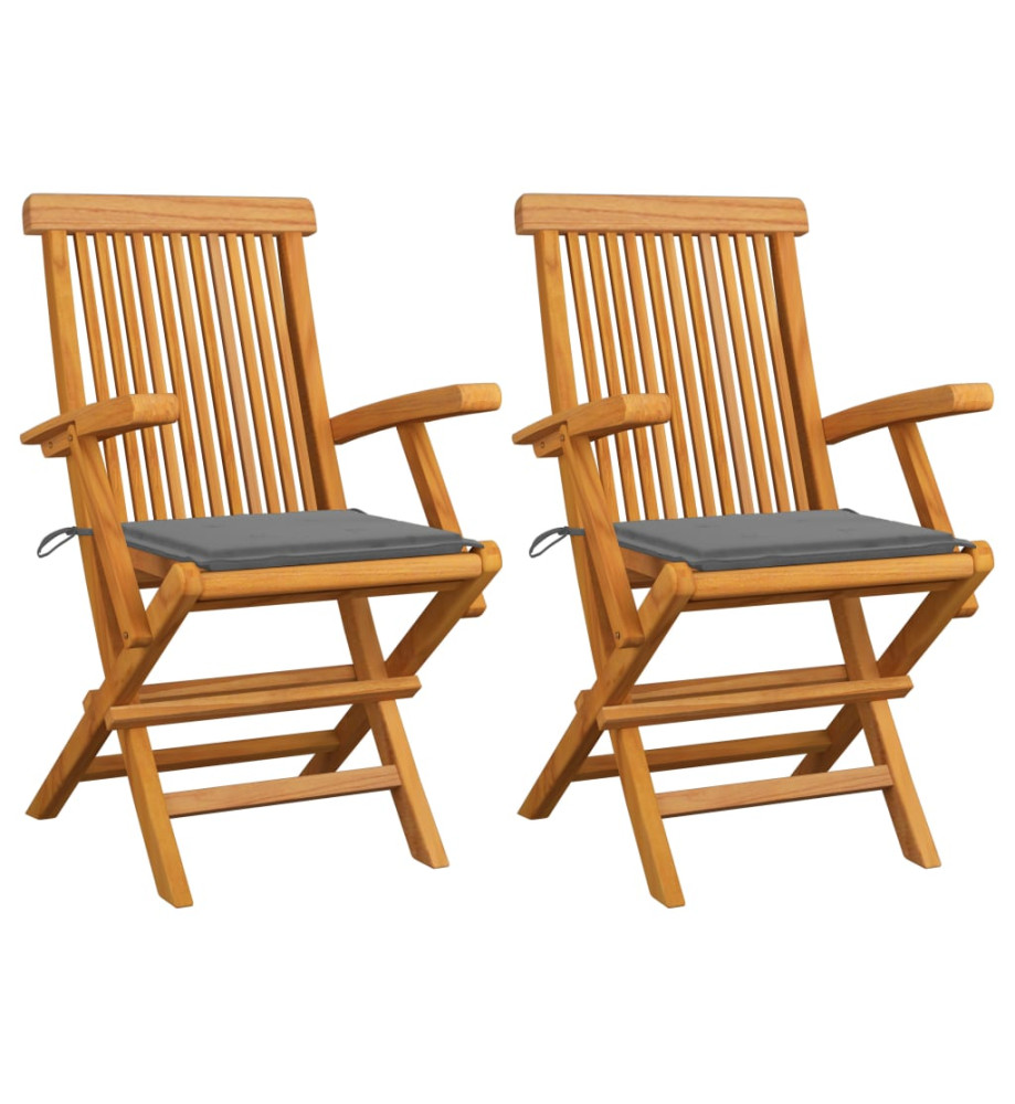 Chaises de jardin avec coussins gris 2 pcs Bois de teck massif Chaises de jardin avec coussins gris 2 pcs Bois de teck massif