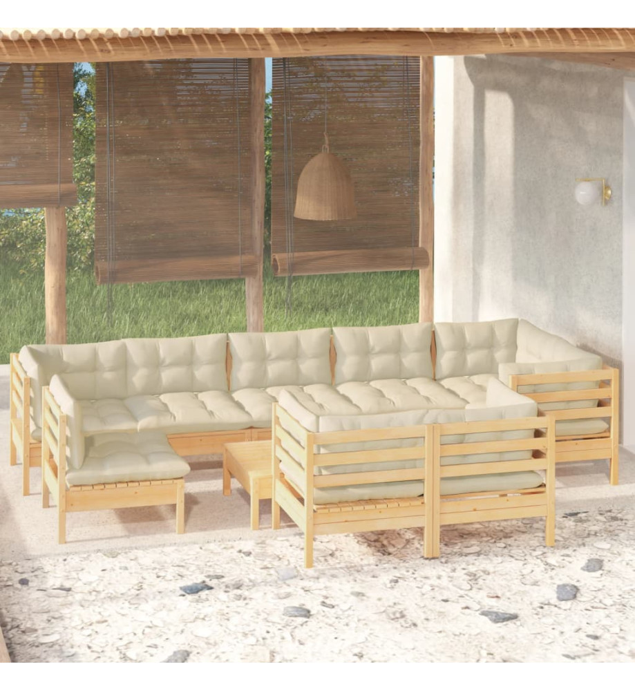 Salon de jardin 10 pcs avec coussins crème Bois de pin massif