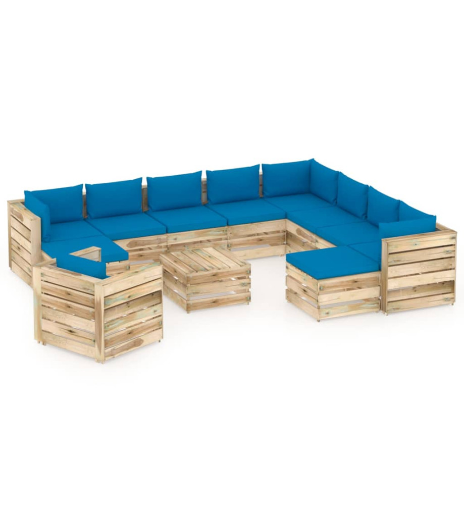 Salon de jardin 12 pcs avec coussins Bois imprégné de vert Salon de jardin 12 pcs avec coussins Bois imprégné de vert