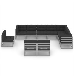 Salon de jardin 10 pcs avec coussins Gris Bois de pin massif