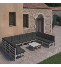 Salon de jardin 10 pcs avec coussins Gris Bois de pin massif