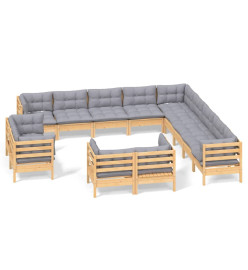 Salon de jardin 13 pcs avec coussins gris bois de pin solide