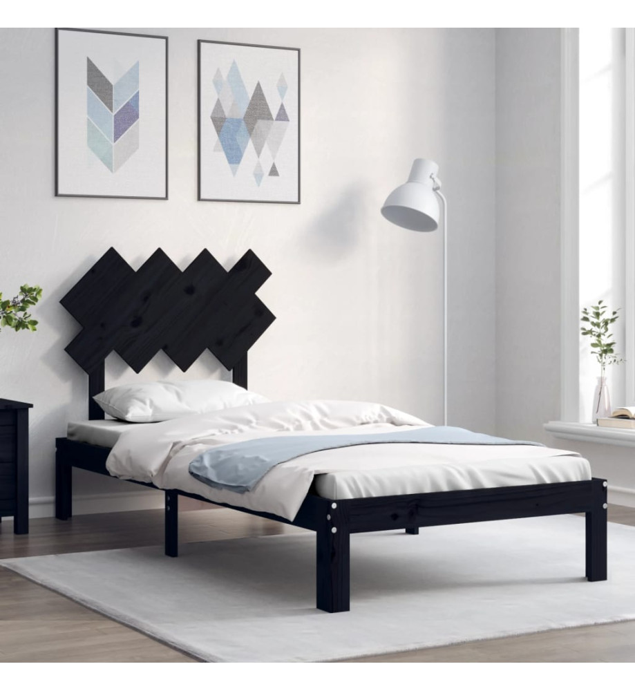 Cadre de lit avec tête de lit noir 90x200 cm bois massif Cadre de lit avec tête de lit noir 90x200 cm bois massif