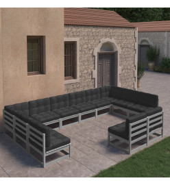 Salon de jardin 12 pcs avec coussins Gris Bois de pin massif