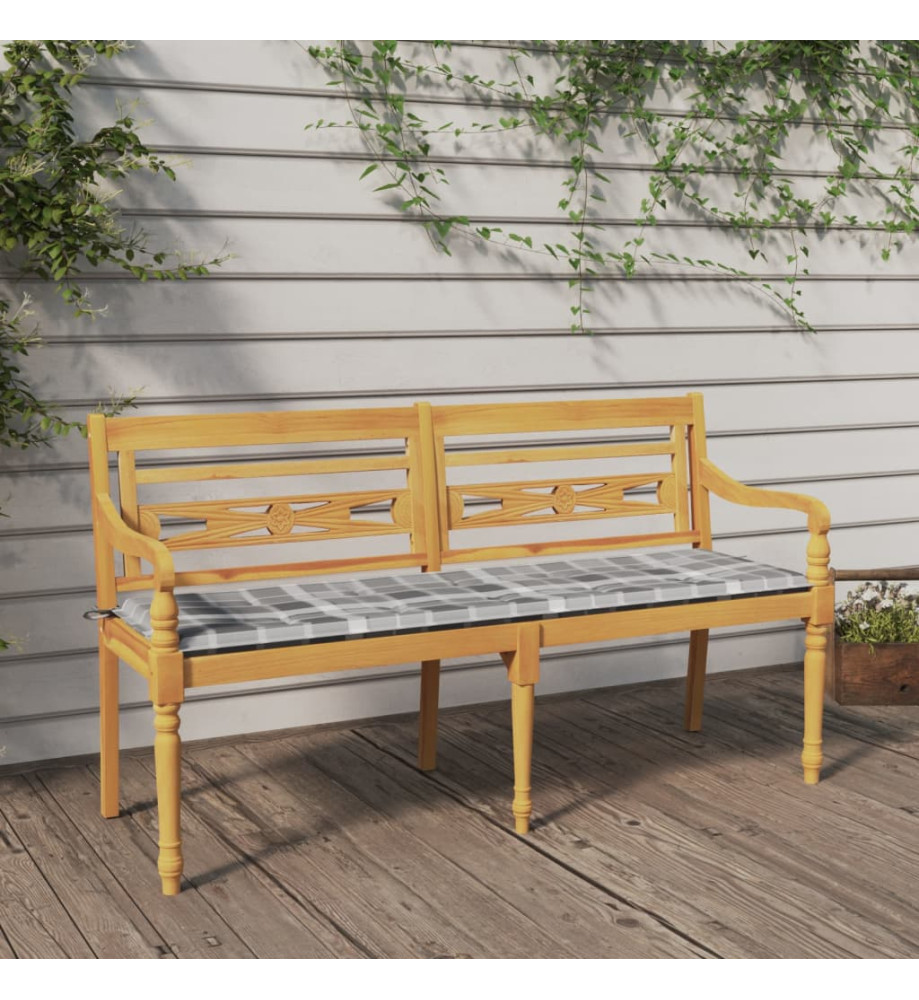 Banc Batavia coussin à motif de carreaux gris 150cm Bois teck Banc Batavia coussin à motif de carreaux gris 150cm Bois teck