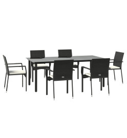 Ensemble à dîner de jardin et coussins 7pcs Noir Résine tressée