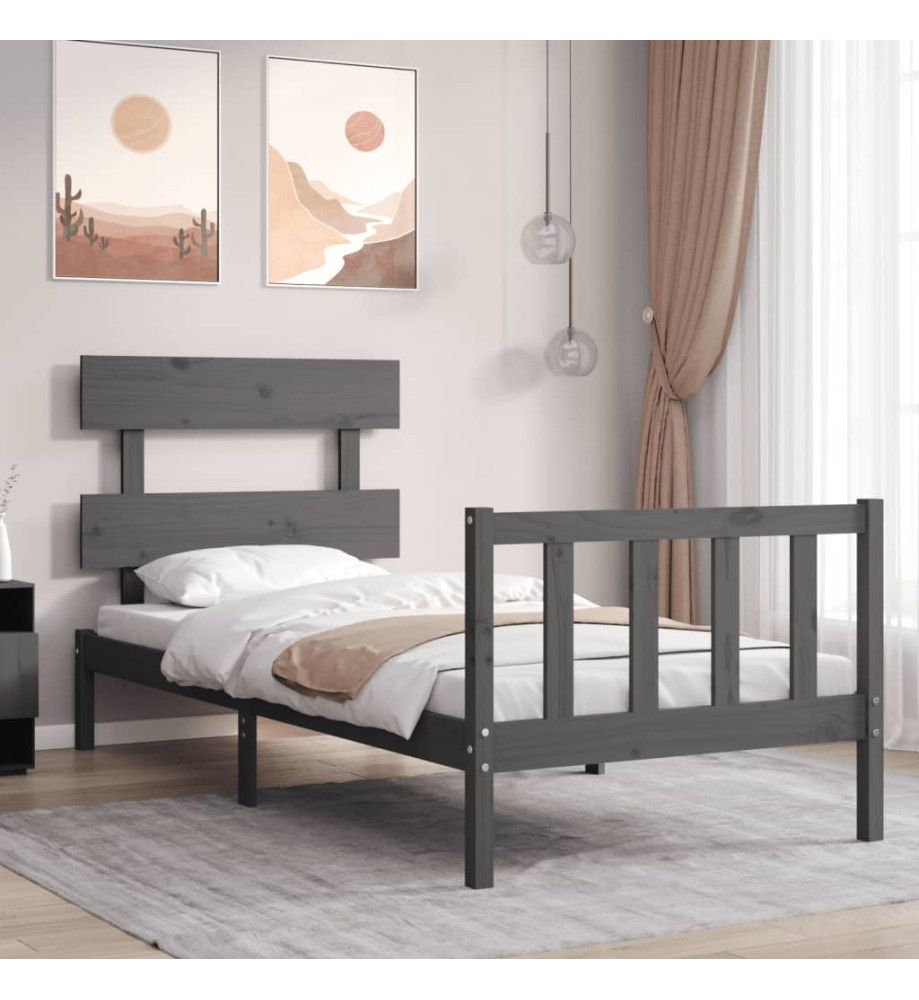 Cadre de lit avec tête de lit gris simple bois massif Cadre de lit avec tête de lit gris simple bois massif