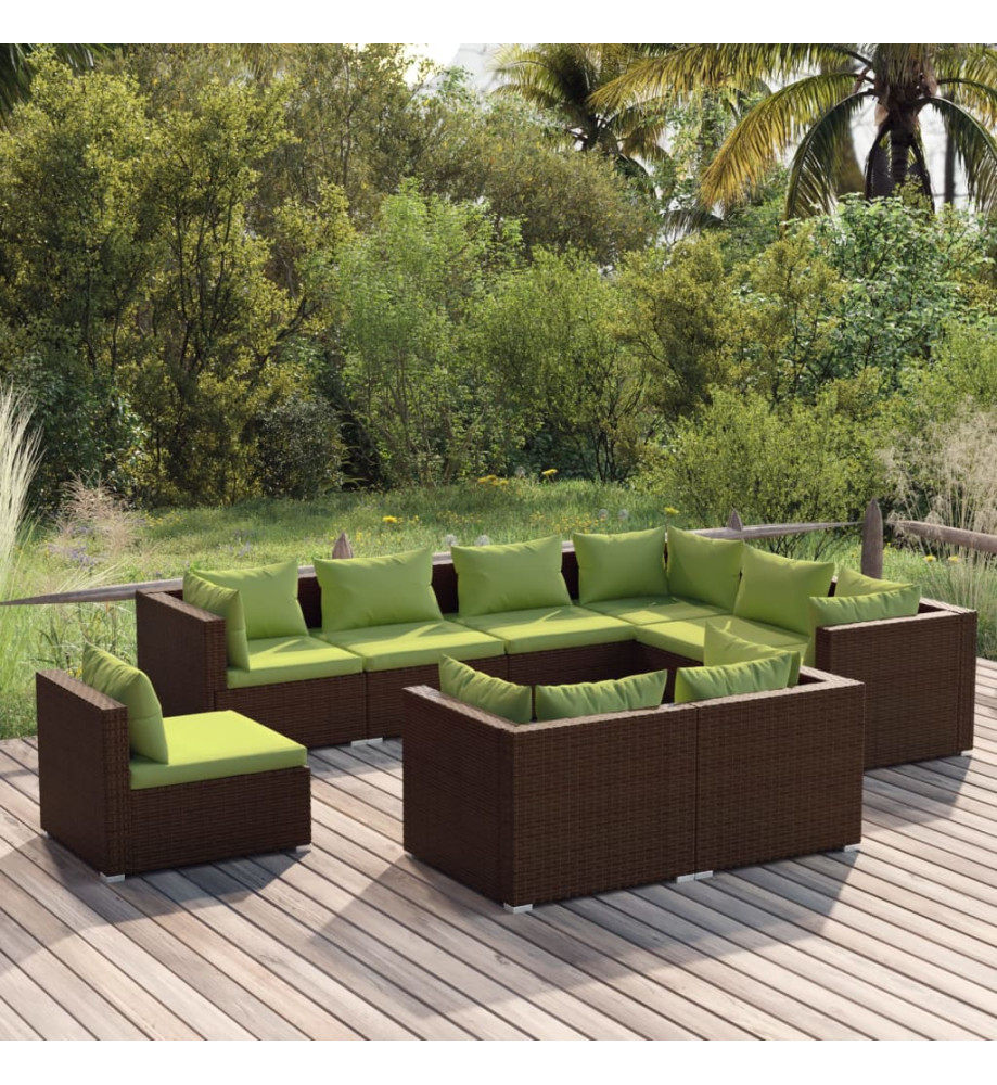 Salon de jardin 9 pcs avec coussins Résine tressée Marron Salon de jardin 9 pcs avec coussins Résine tressée Marron