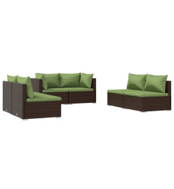 Salon de jardin 6 pcs avec coussins Résine tressée Marron
