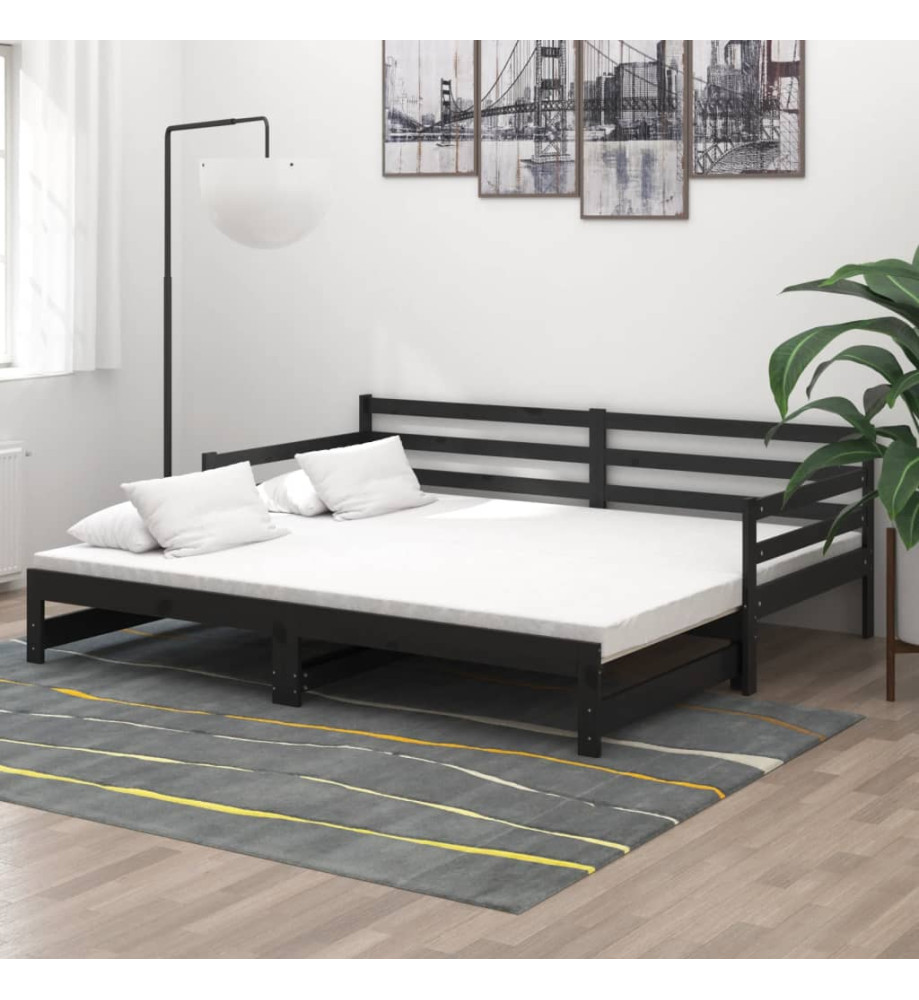 Lit coulissant Noir Bois de pin massif 2x(90x200) cm Lit coulissant Noir Bois de pin massif 2x(90x200) cm