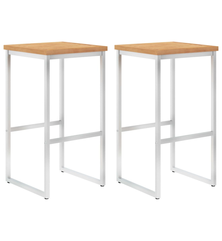 Chaises de bar lot de 2 bois de teck solide et acier inoxydable Chaises de bar lot de 2 bois de teck solide et acier inoxydable