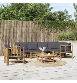 Salon de jardin 7 pcs avec coussins gris foncé bambou