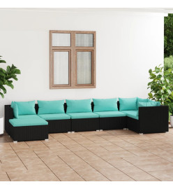 Salon de jardin 7 pcs avec coussins Résine tressée Noir