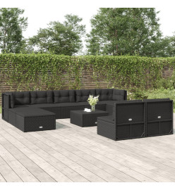 Salon de jardin 10 pcs avec coussins noir résine tressée