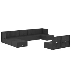 Salon de jardin 10 pcs avec coussins noir résine tressée