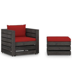 Salon de jardin 2 pcs avec coussins Bois imprégné de gris