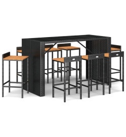 Ensemble de bar jardin 9 pcs noir poly rotin/bois massif acacia