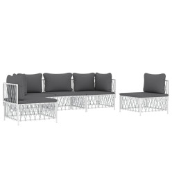 Salon de jardin avec coussins 5 pcs blanc acier