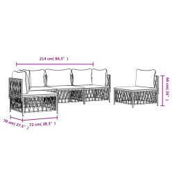 Salon de jardin avec coussins 5 pcs blanc acier