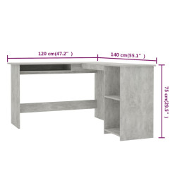 Bureau d'angle en forme de L Gris Béton 120x140x75 cm Aggloméré