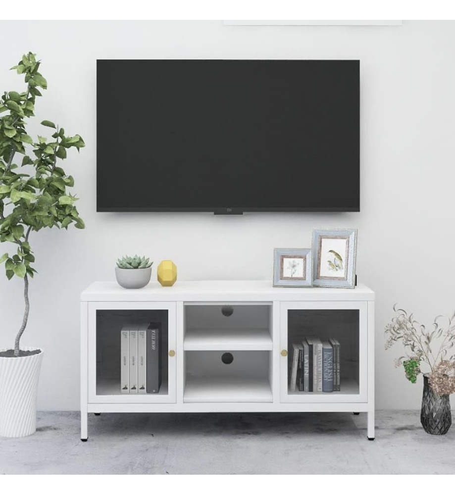 Meuble TV Blanc 105x35x52 cm Acier et verre