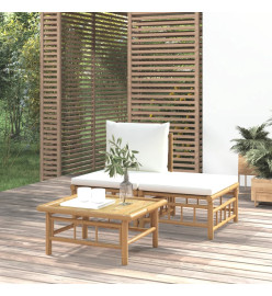 Salon de jardin 3 pcs avec coussins blanc crème bambou