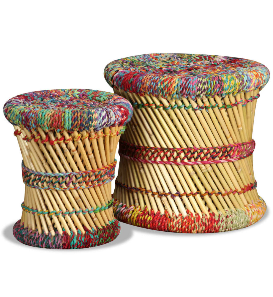 Tabourets avec détails chindi lot de 2 multicolore bambou