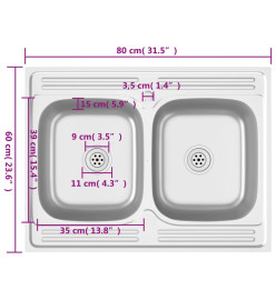 Évier de cuisine à double lavabo argenté 800x600x155 mm inox