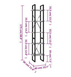 Bibliothèque à 5 niveaux Gris béton 40x30x175cm Bois ingénierie