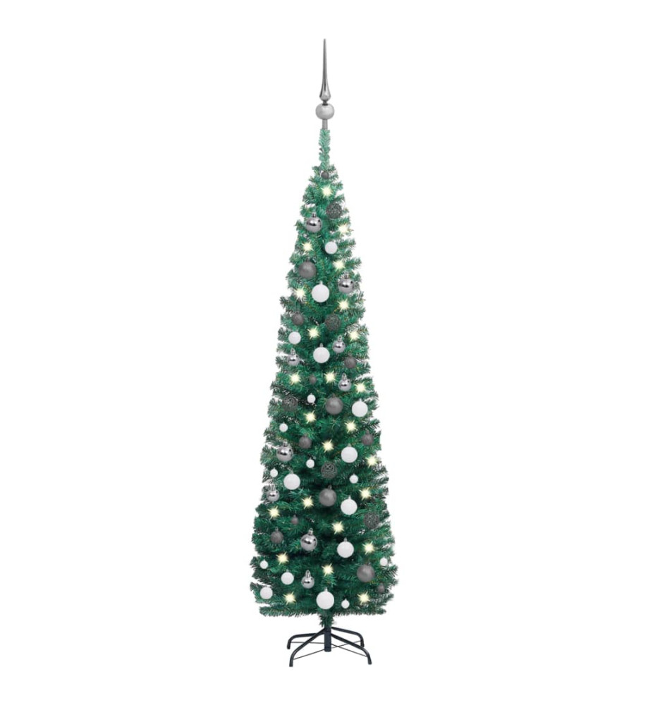 Sapin de Noël artificiel mince et LED et boules Vert 180 cm