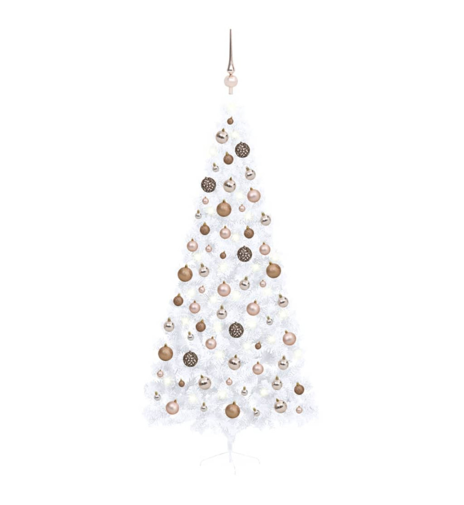 Demi-arbre de Noël artificiel pré-éclairé et boules blanc 240cm