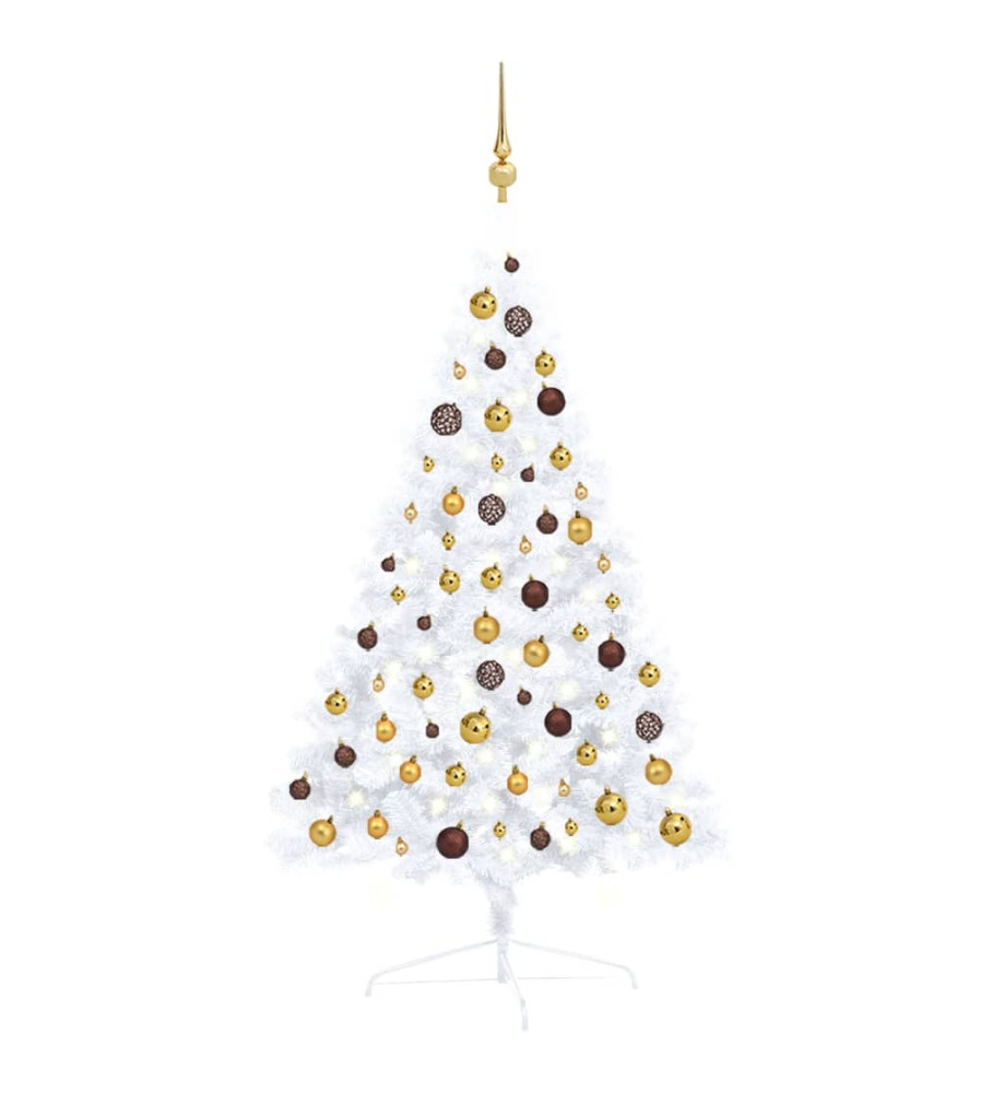 Demi-arbre de Noël artificiel pré-éclairé et boules blanc 120cm