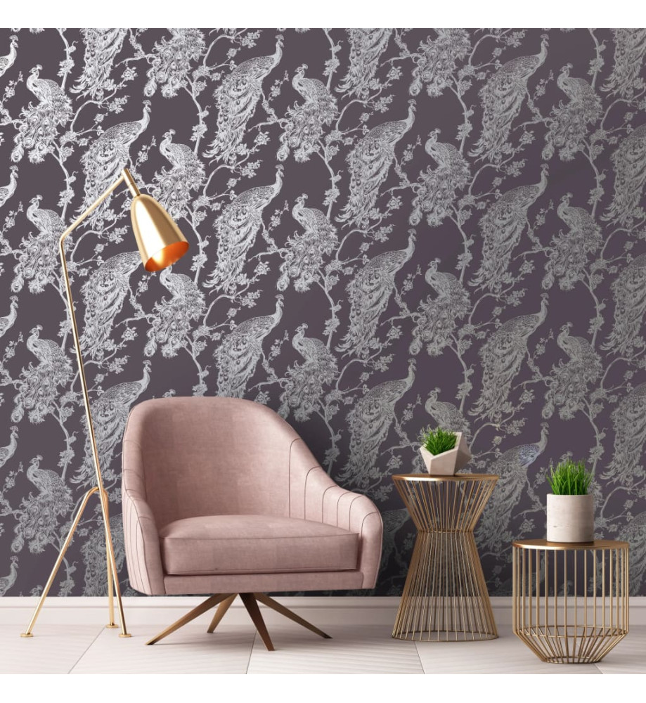 DUTCH WALLCOVERINGS Papier peint Paon Violet et argenté