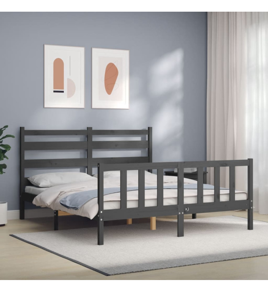 Cadre de lit avec tête de lit gris King Size bois massif Cadre de lit avec tête de lit gris King Size bois massif