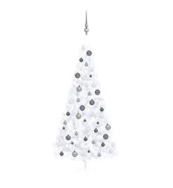 Demi-arbre de Noël artificiel pré-éclairé et boules blanc 210cm