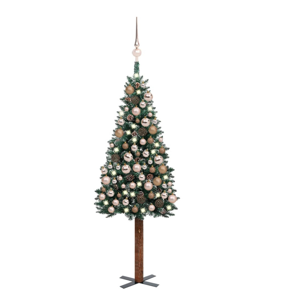 Sapin de Noël mince pré-éclairé et boules vert 150 cm